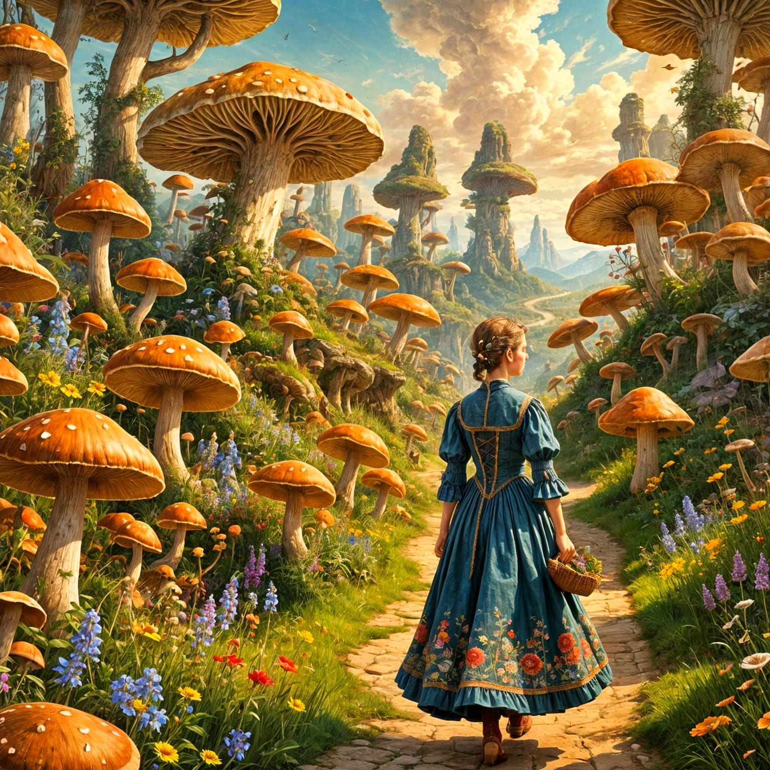 Girl Among Giant Mushrooms: A Renaissance Painting