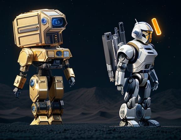 Retro Futuristic Robot in Golden Armor Stands Beside Robotic...