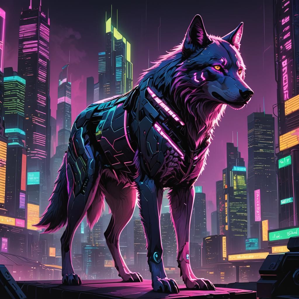 Cyberpunk Wolf in Futuristic Cityscape
