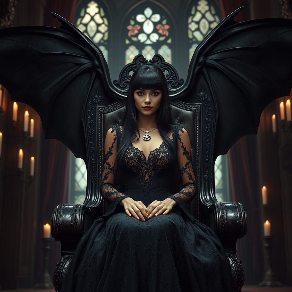 Gothic Latina Queen with Bat Wings in Castle Chamber