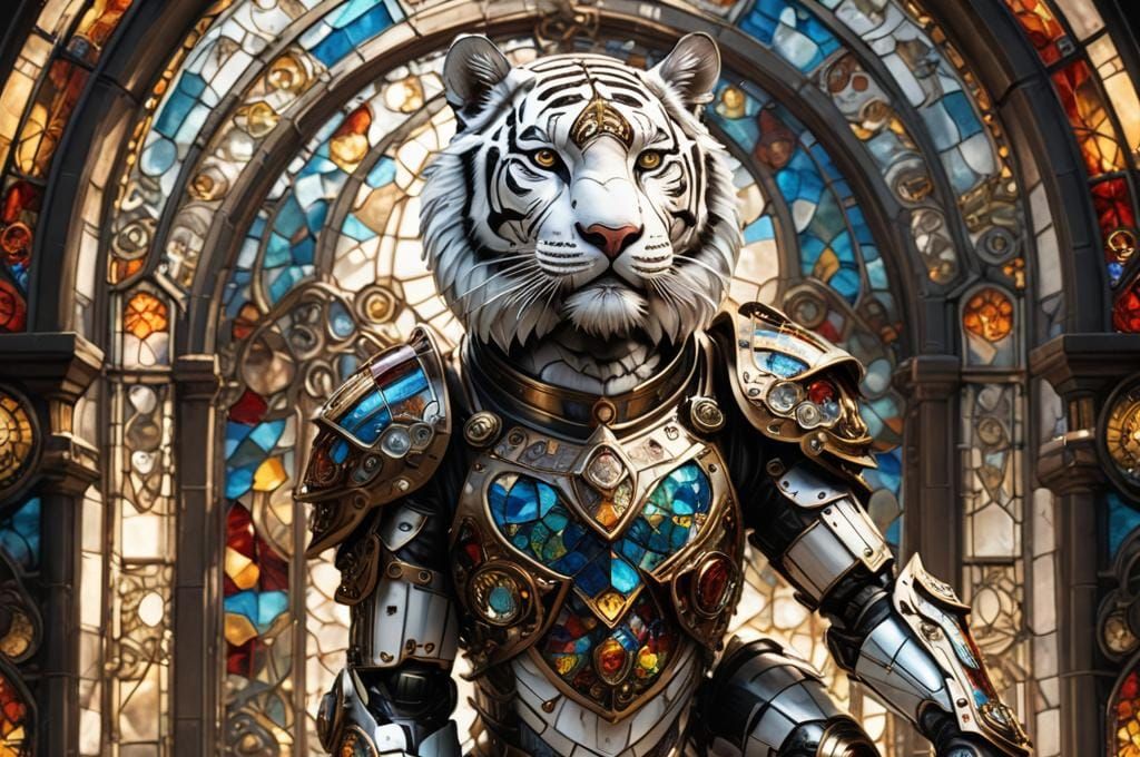 Steampunk White Tiger in Stained Glass Armor