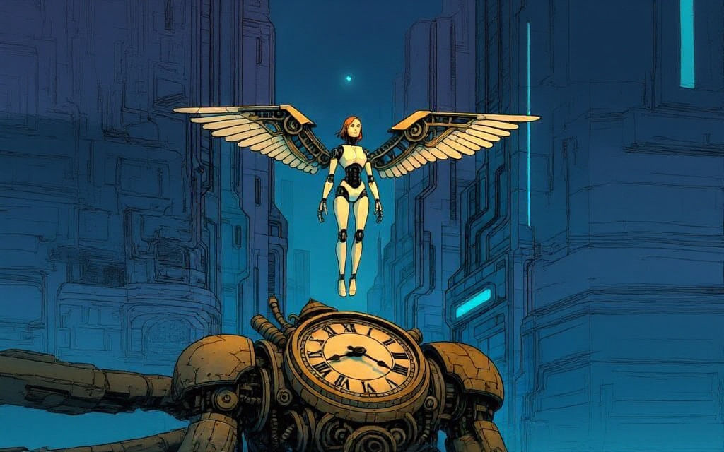Robot Angel Above Clockwork Giant in Moebius Style