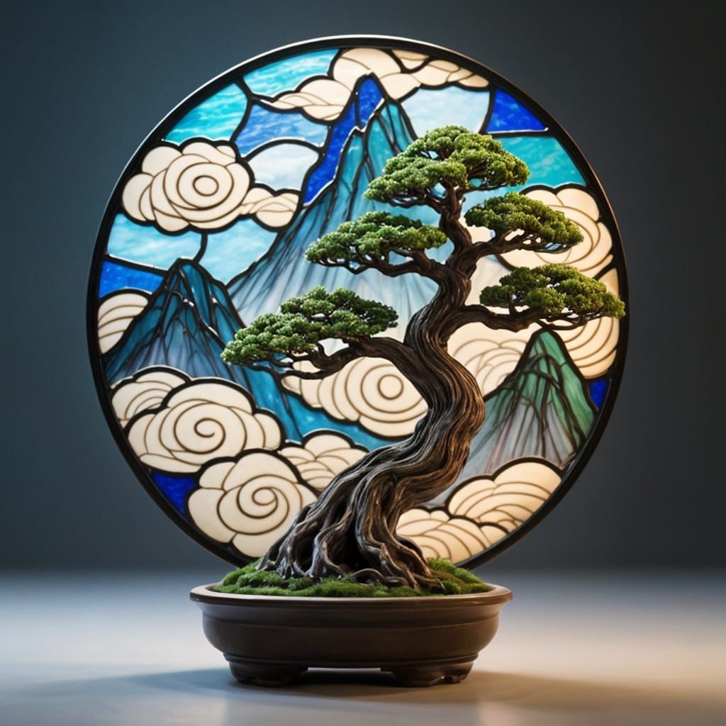 Hyperrealistic Stained Glass Bonsai in Swirling Clouds