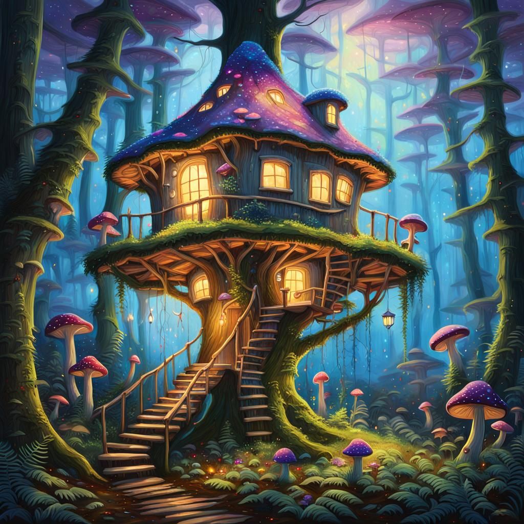 Fantasy Treehouse Surrounded by Glowing Mushrooms