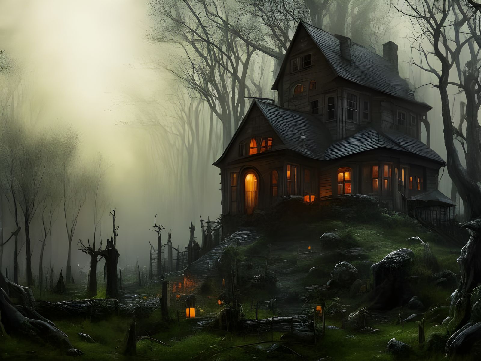 Scary Witch House in Misty Forest, Digital Art