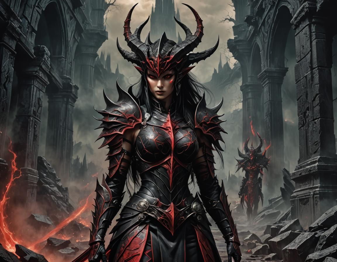 Daedric Warrior Exploring Demonic Ruins in Anime Style