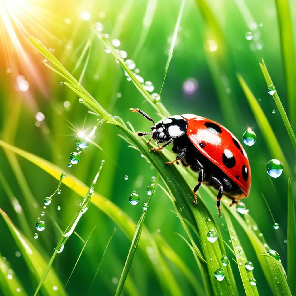 Ladybug Crawling on Grass with Rainbow