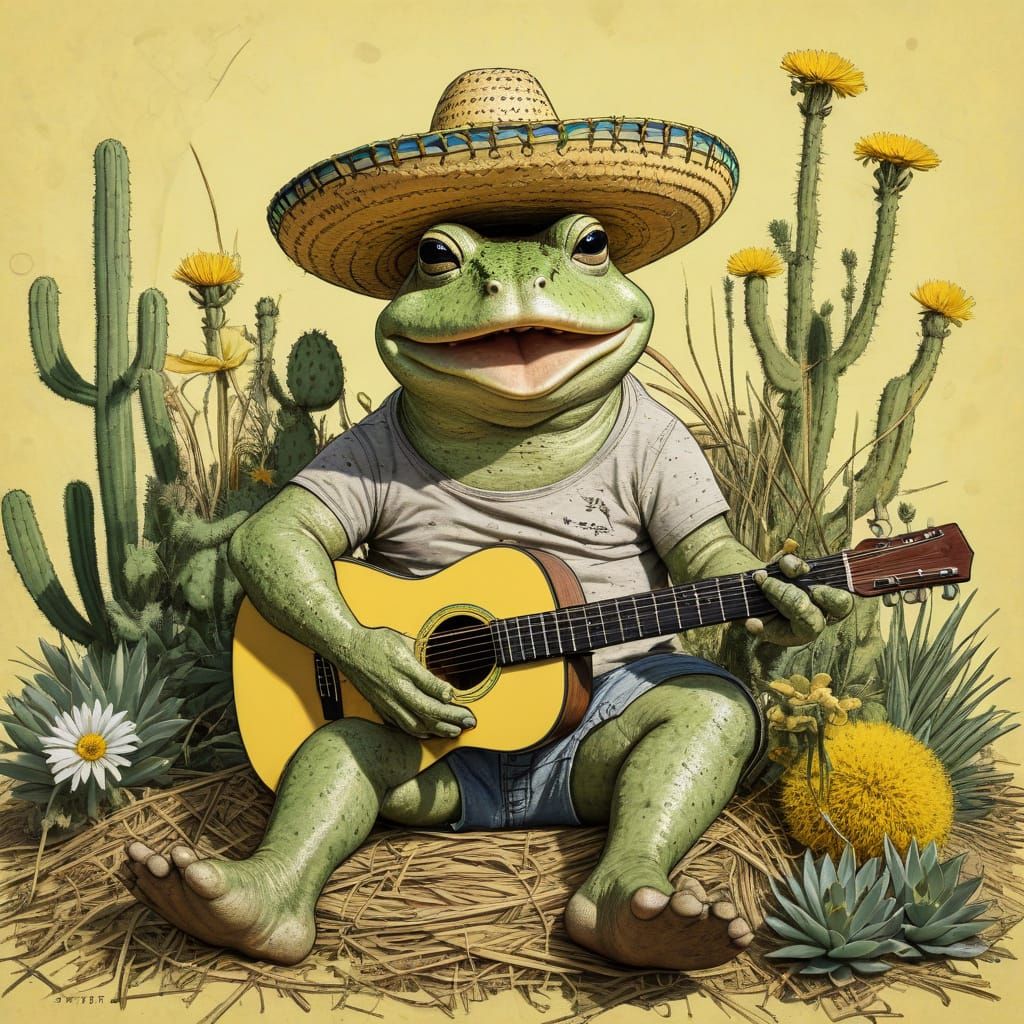 Toad in Sombrero with Guitar: Mariachi Line Drawing