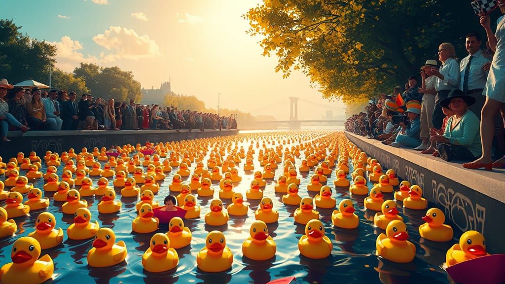 Vibrant Rubber Ducky Derby Unfolds on Sun-Kissed Riverbank
