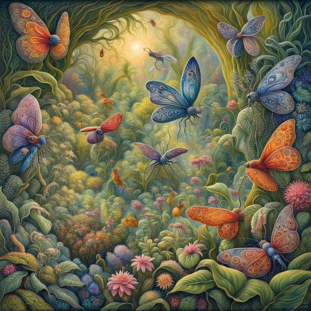 Whimsical Insects Frolicking in Botanical Garden, Fantasy Ar...