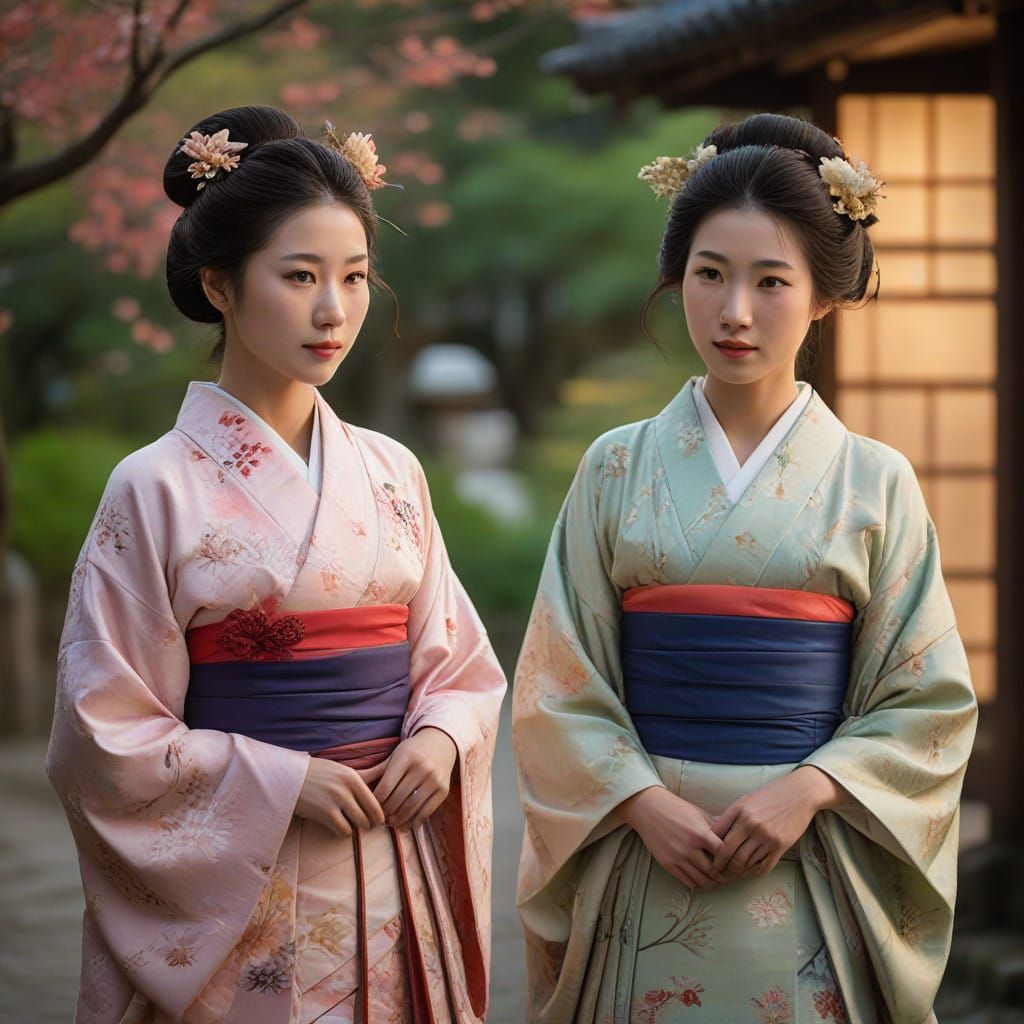 Two Women Stroll in Serene Edo Period Harmony