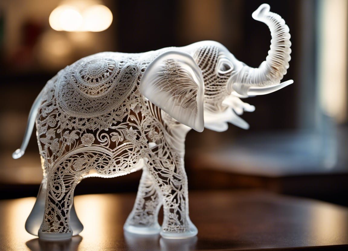 Intricate Glass Elephant Sculpture on Wood Desk