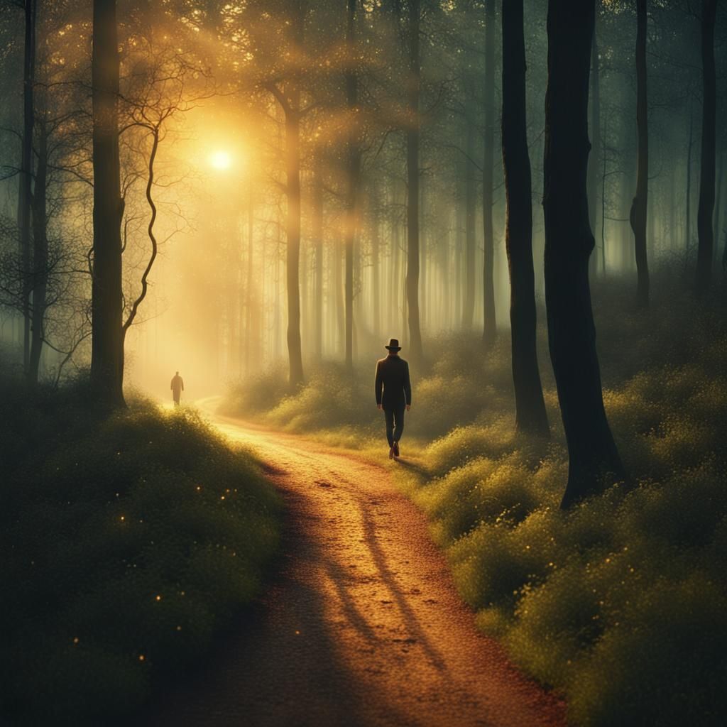 Surreal Forest Landscape with Traveler in Dreamlike Woods