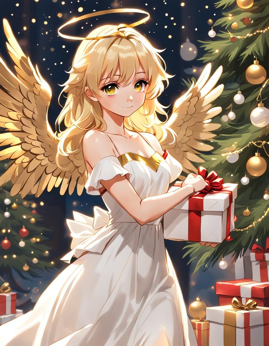 angel-like flat-chested Christkind puts presents under chris...