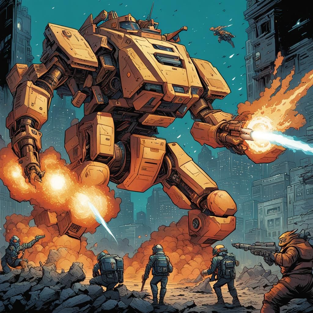 Mech vs Kaiju Lizard in Comic Book Art