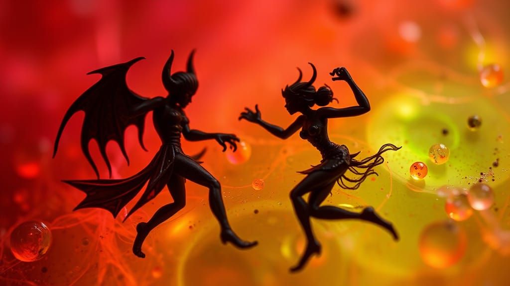 Microscopic Dance Battle in Encaustic Fluorpop Style