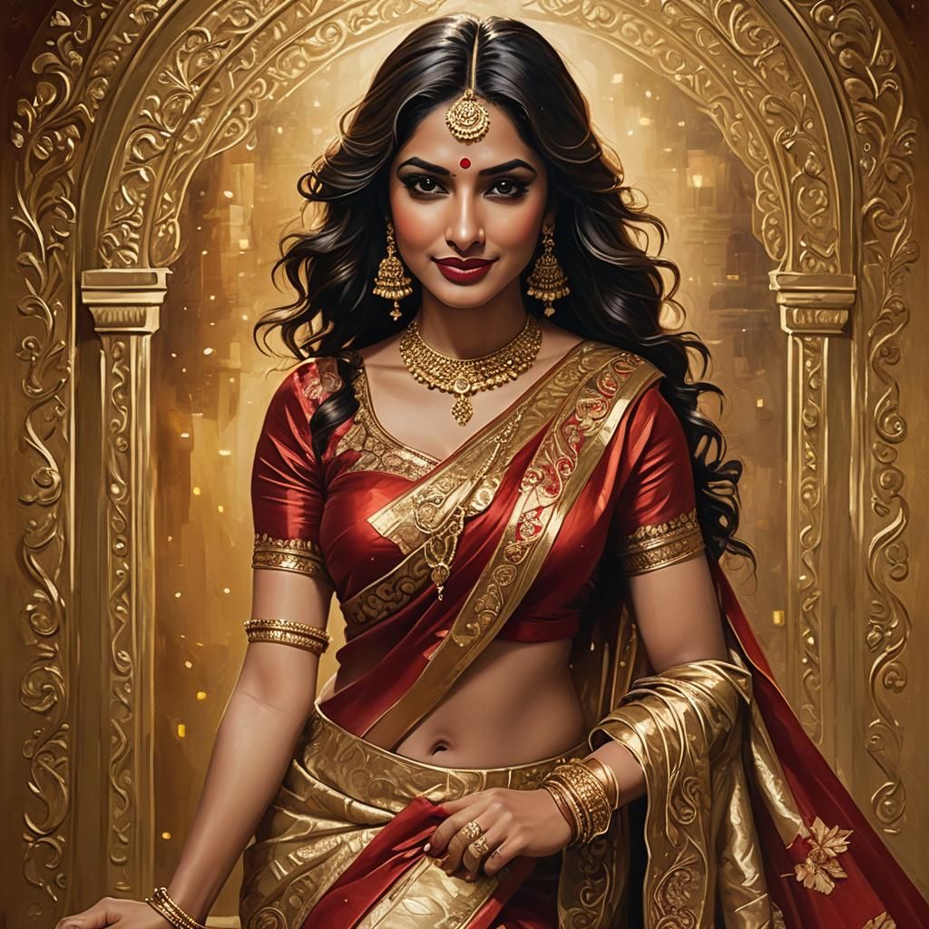 Sultry Indian Woman in Saree: Art Nouveau Portrait