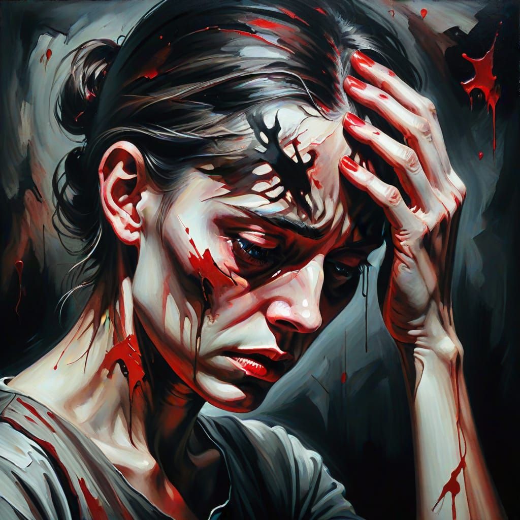 Ominous Dark Surrealism: Person Holding Head in Oil