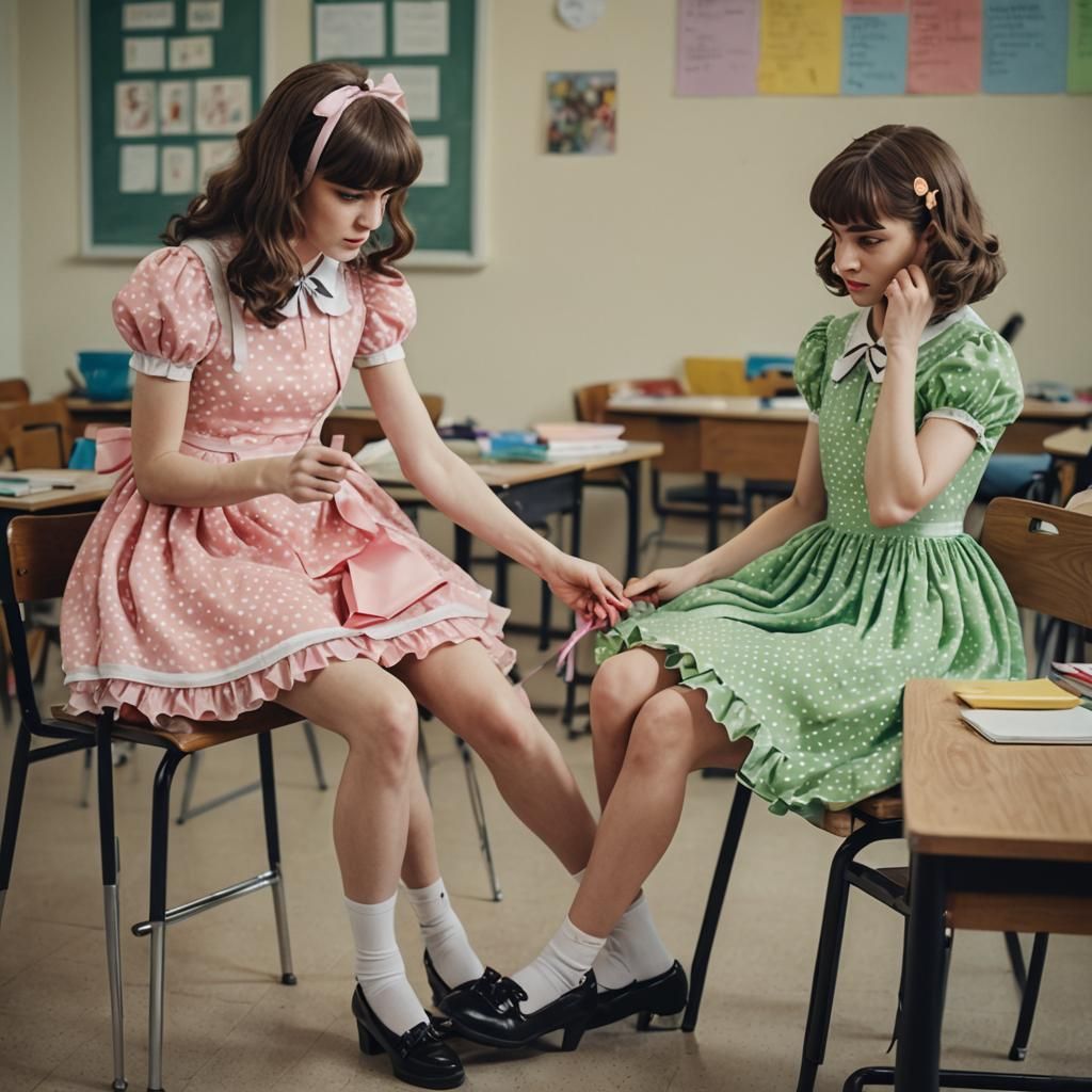 Polka Dot Dress and Frills in Classroom: Film Still
