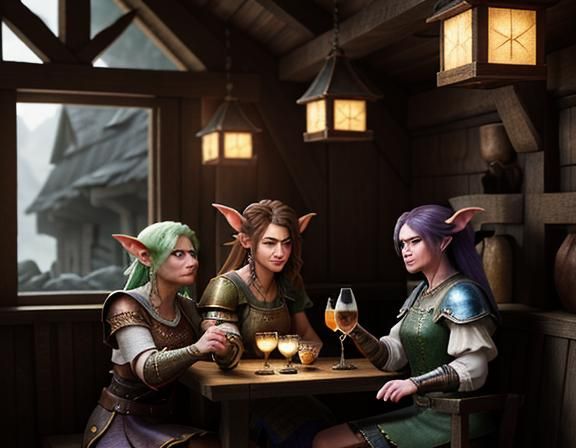 Goblins Enjoying Cocktails in Rustic Tavern
