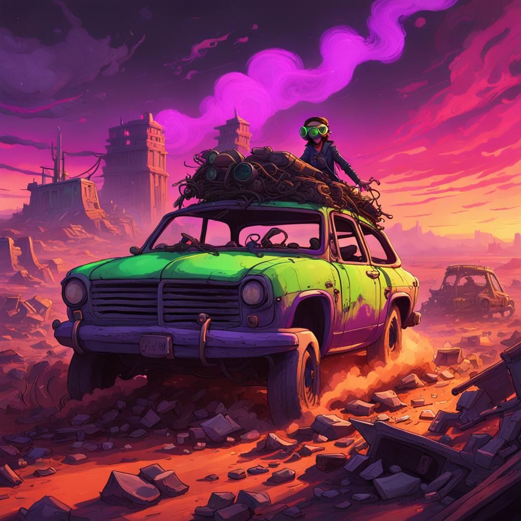 Post-Apocalyptic Rider in Neon Cyberpunk Wasteland