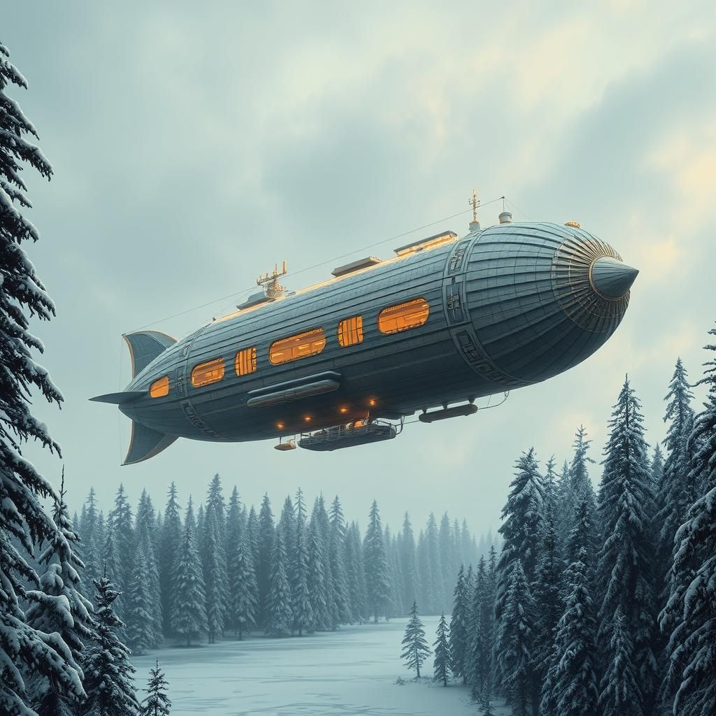 Steampunk Airship Over Winter Forest in Art Deco Style