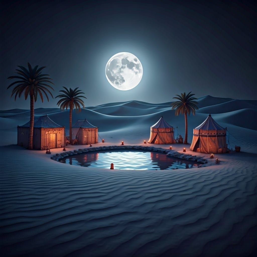 Moonlit Desert Oasis with Middle Eastern Tents