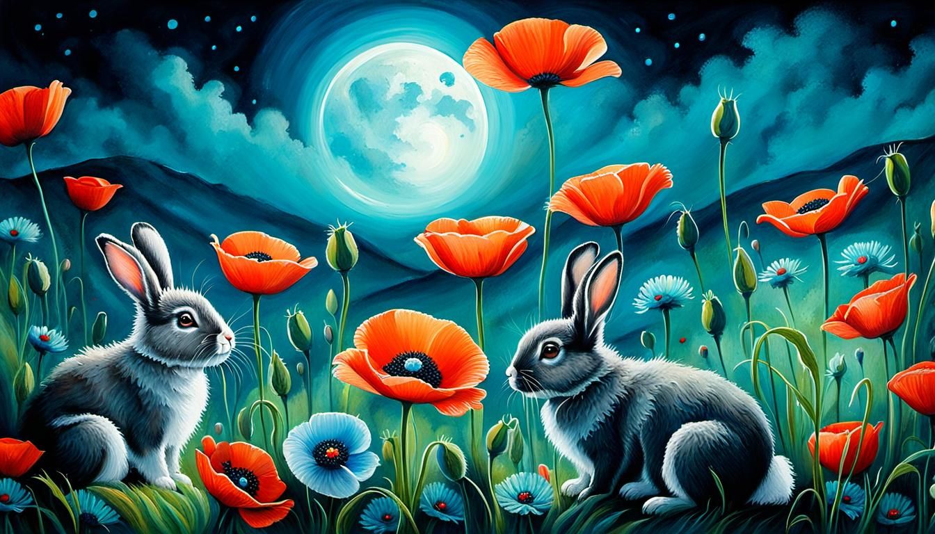Magical Moonlight: Rabbits Playing in Poppyfield