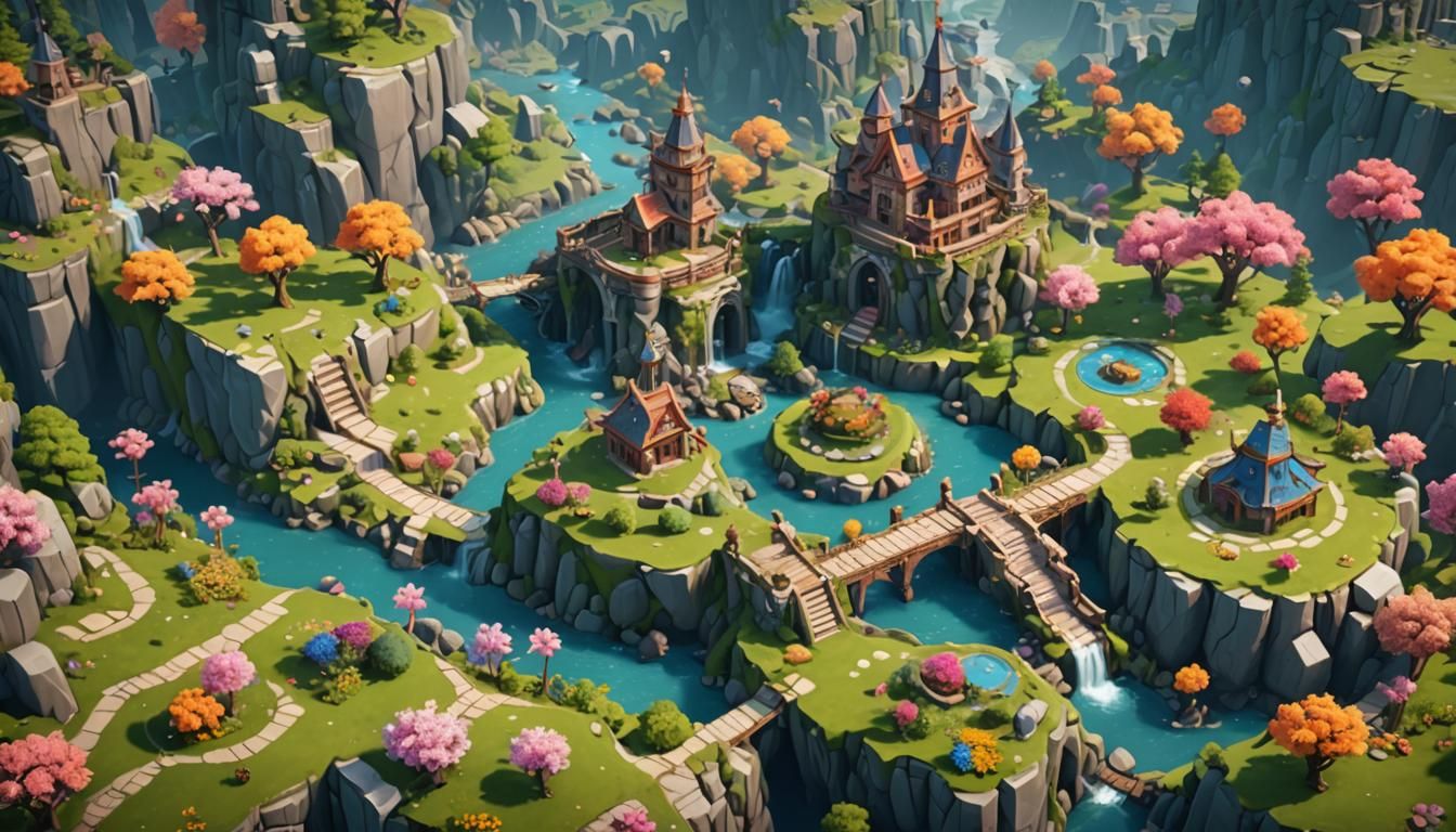 Isometric Spring Landscape in Fantasy World Style