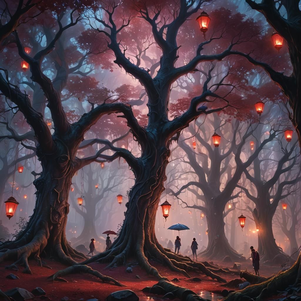 Blood Rain in Mystical Forest: Digital Art