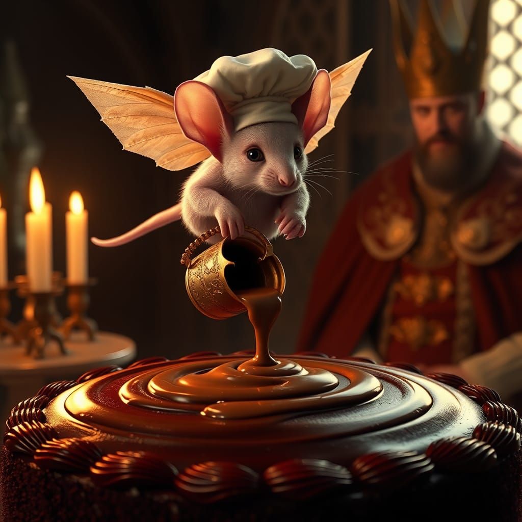 Winged Chef Decorates Chocolate Cake in Castle Kitchen