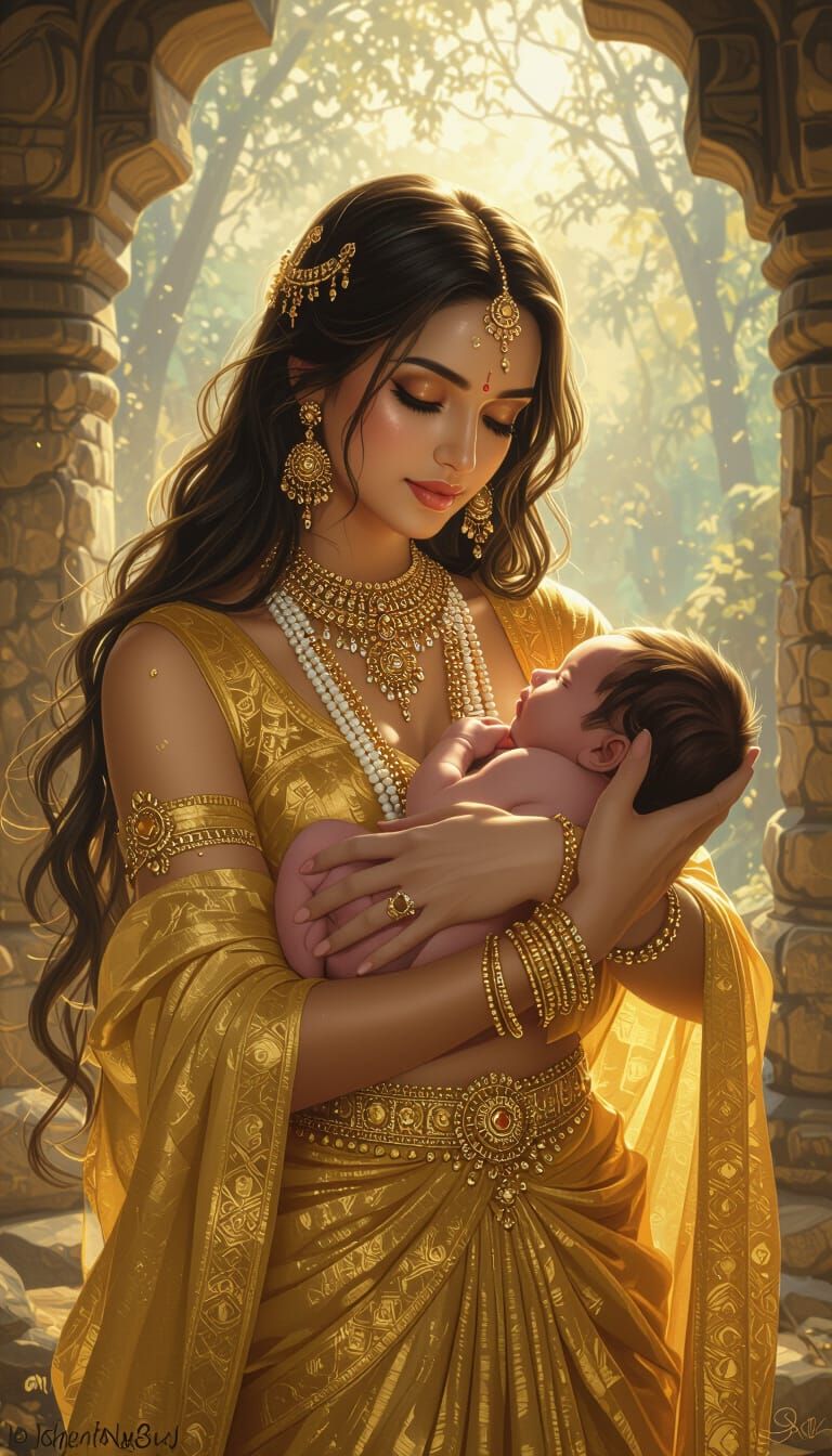 Celestial Woman Cradling Baby: Digital Art