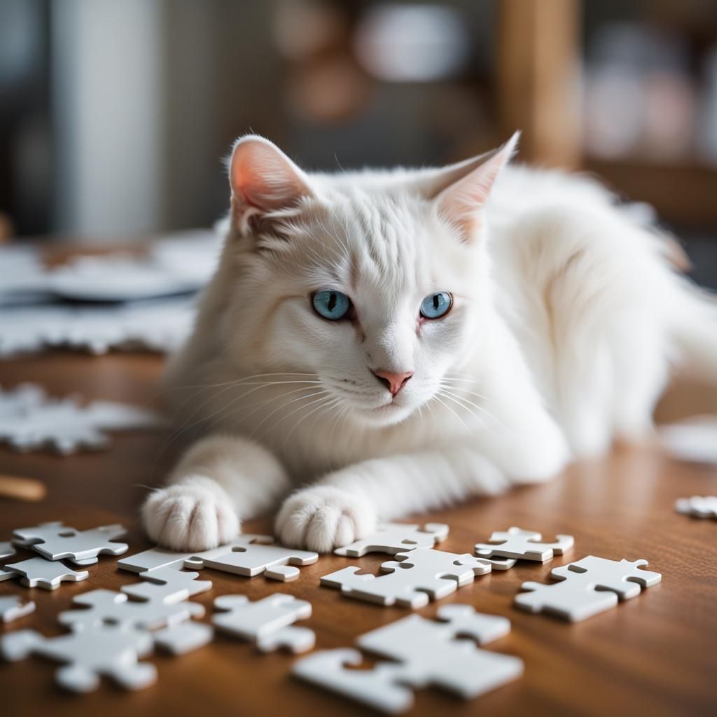 Almost Finished Puzzle of a White Cat