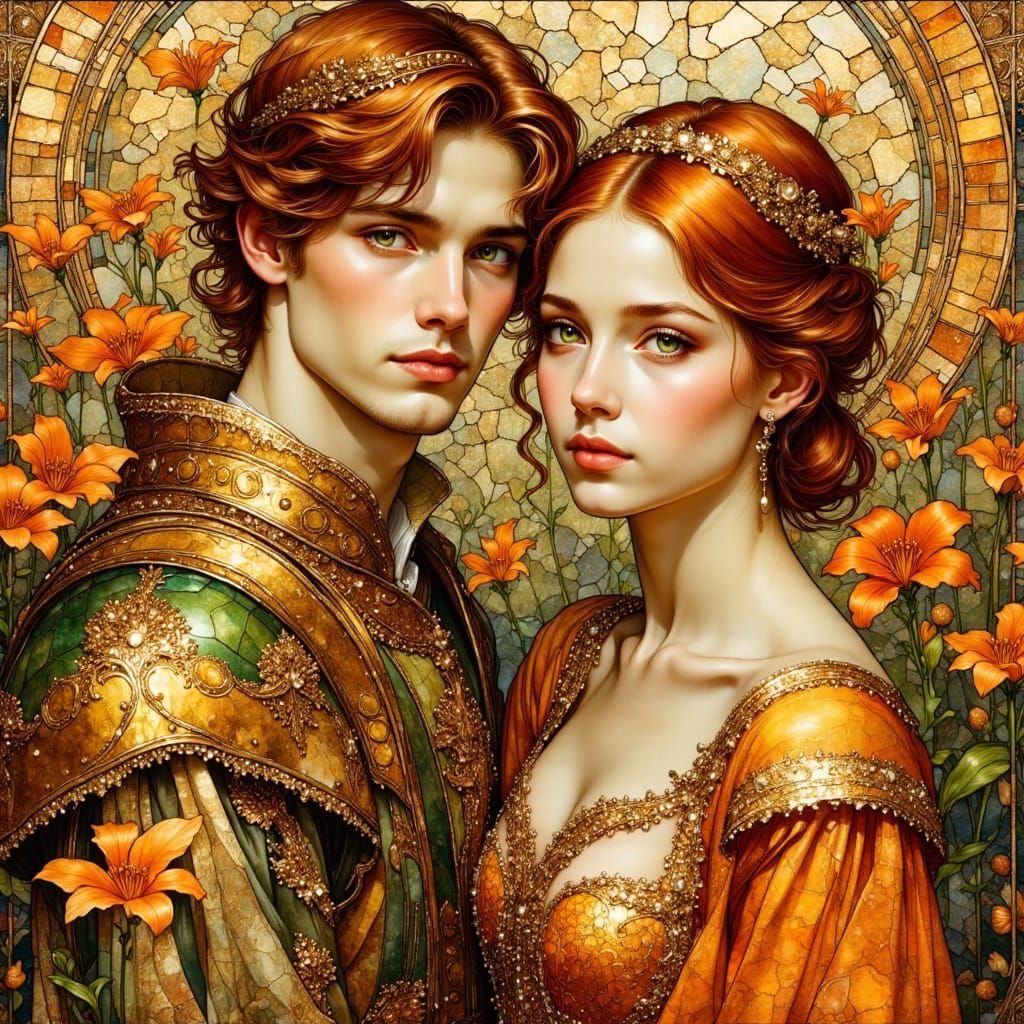 Medieval Lovers in Art Nouveau Stained Glass Style