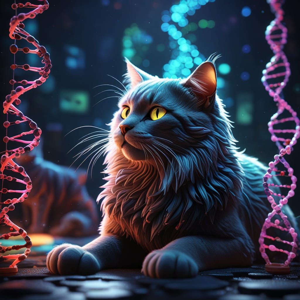 Cat Analyzes DNA in Fantasy Concept Art