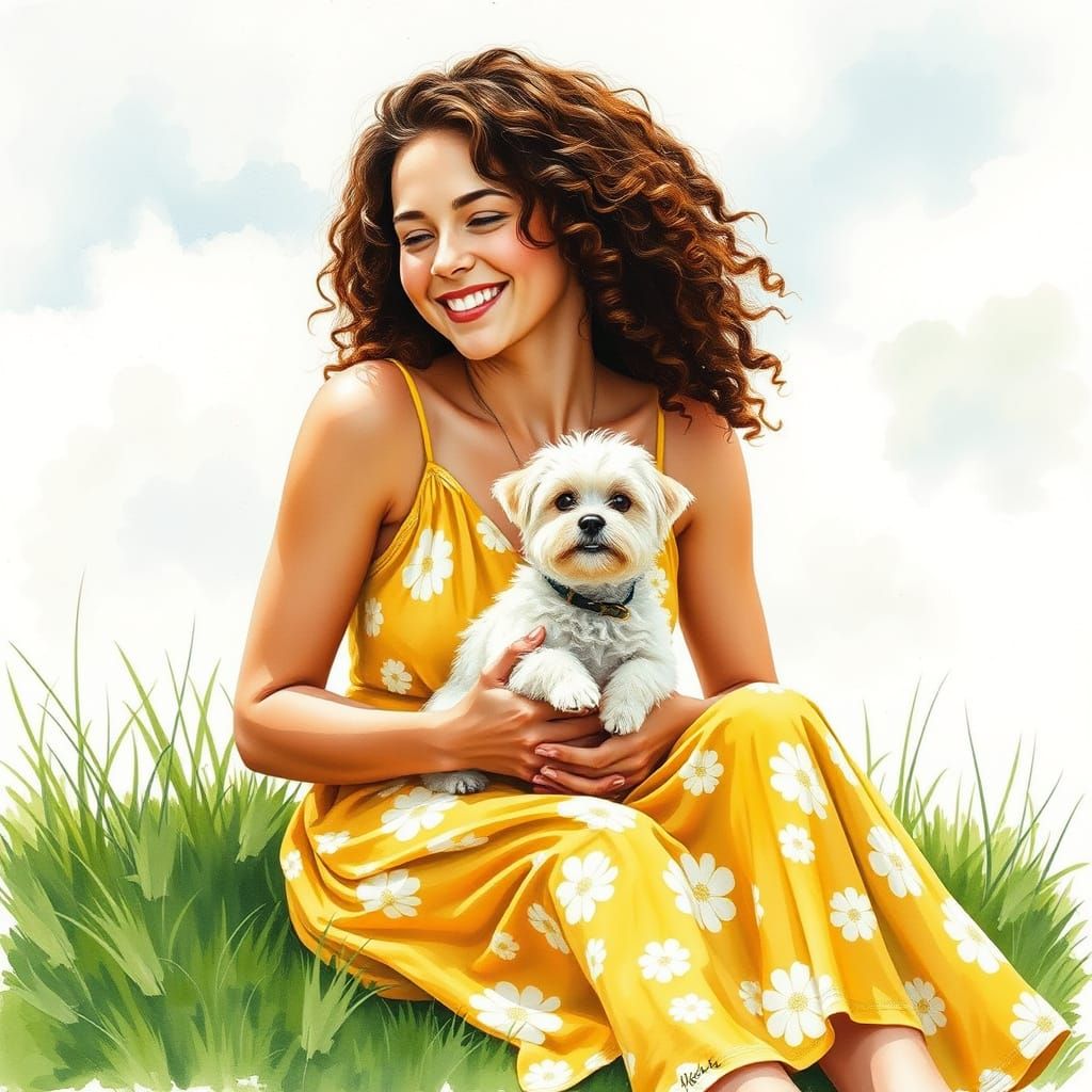 Serenely Happy Woman and Her Loyal Companion in Vibrant Wate...