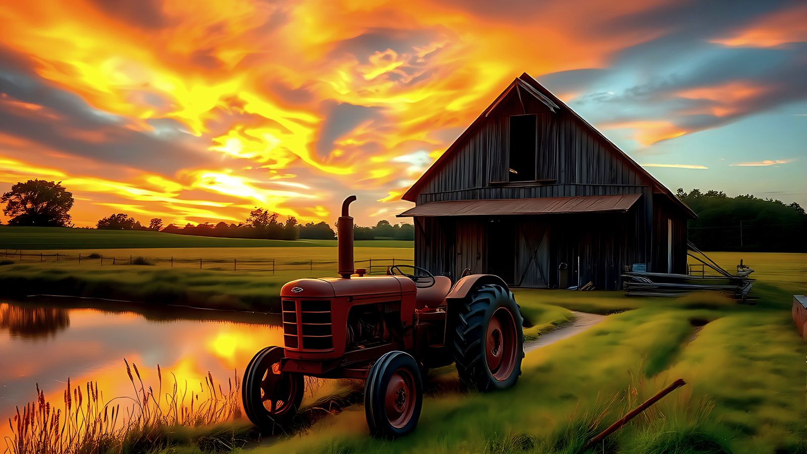 Sunset Over Barn with Tractor: Photorealistic HDR Image
