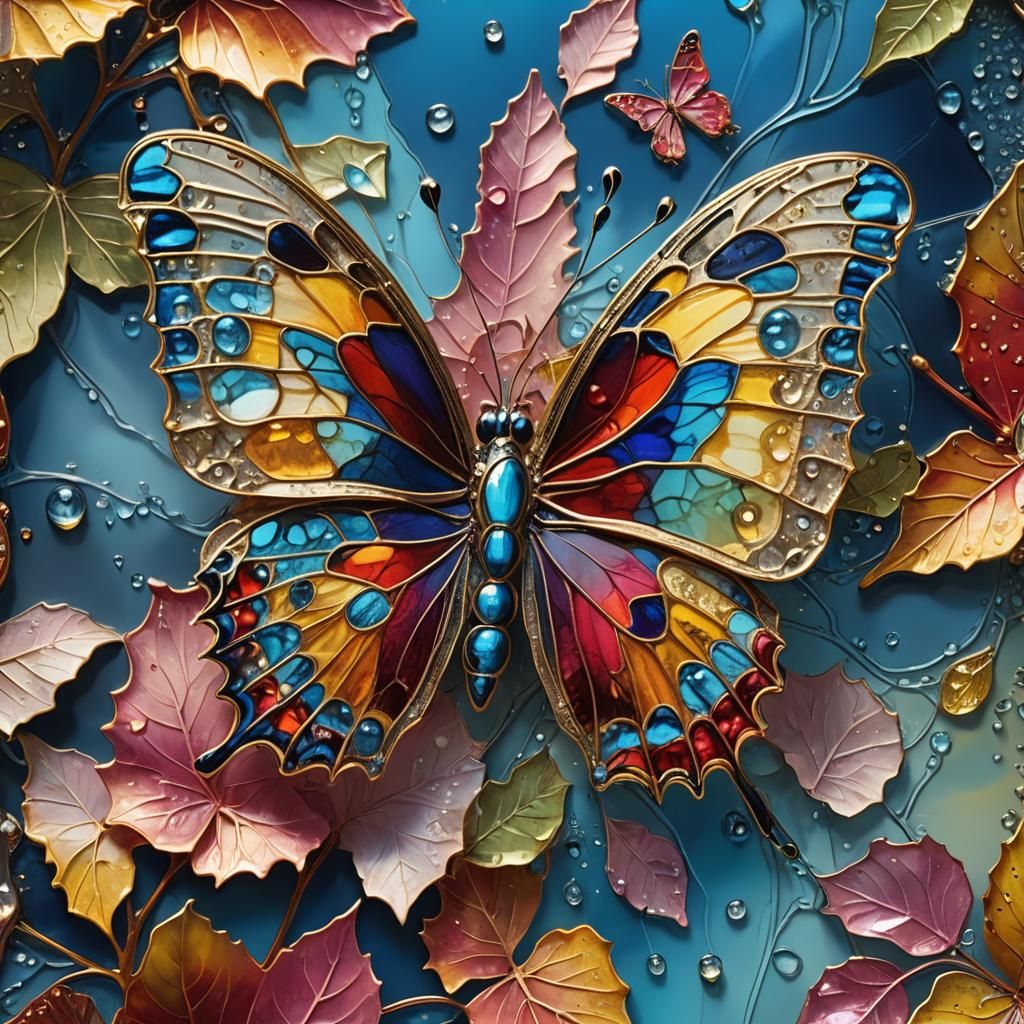 Magnificent Butterfly with Metal Veins in Stained-Glass Styl...