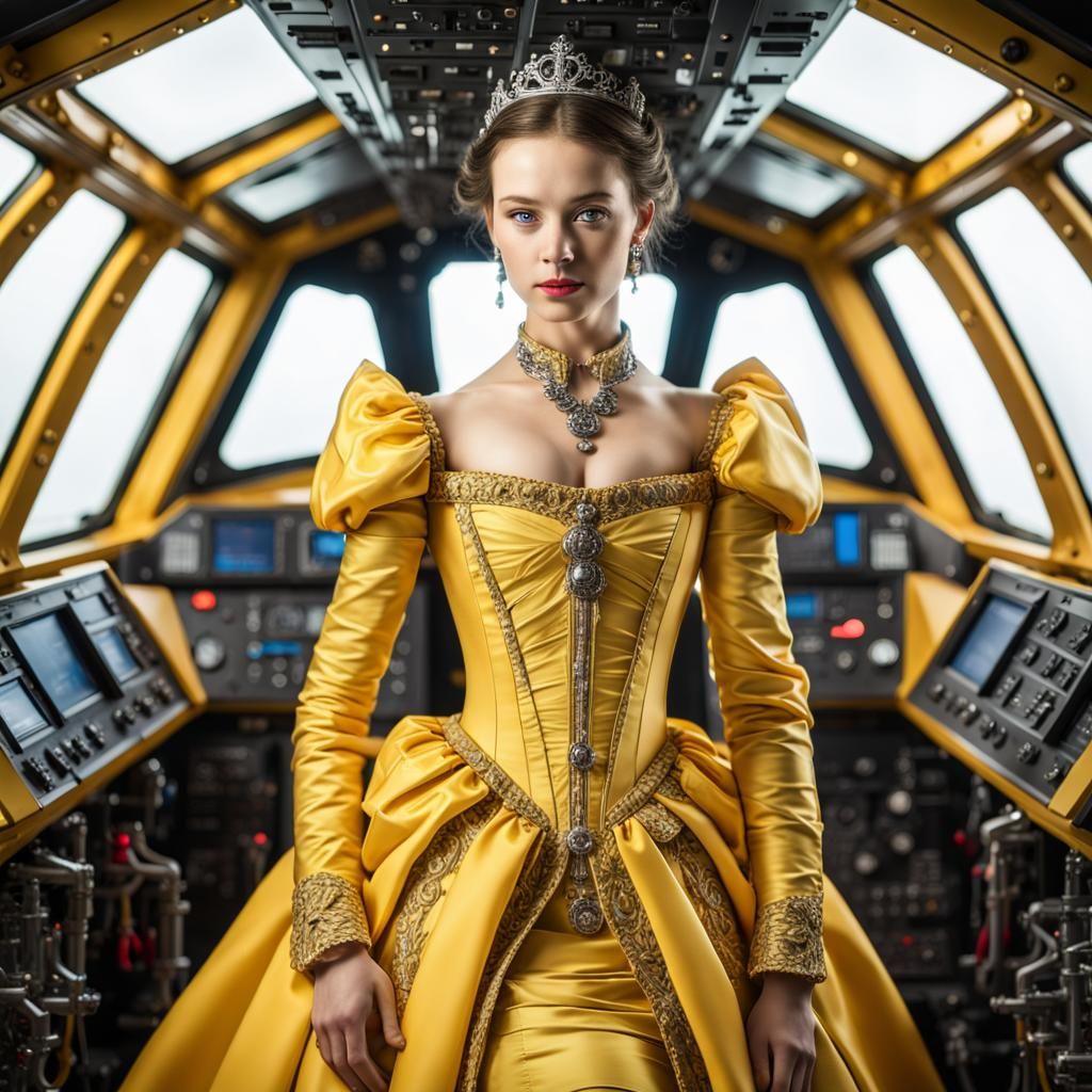 Princess in Elizabethan Gown in Spaceship Cockpit