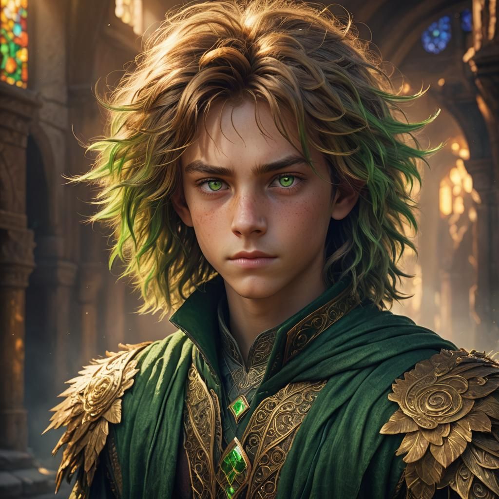 Green-Eyed Boy with Silky Hair: Fantasy Concept Art