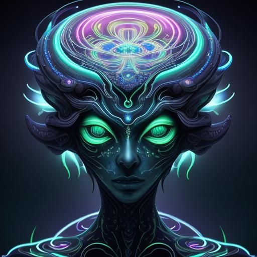 Machine Elf Radiating Bioluminescent Light in Surreal Geomet...