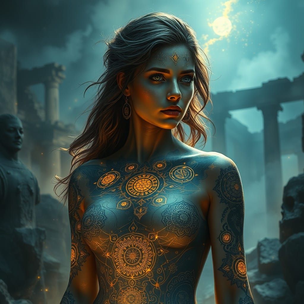 Celestial Tattooed Woman in Ethereal Ruins