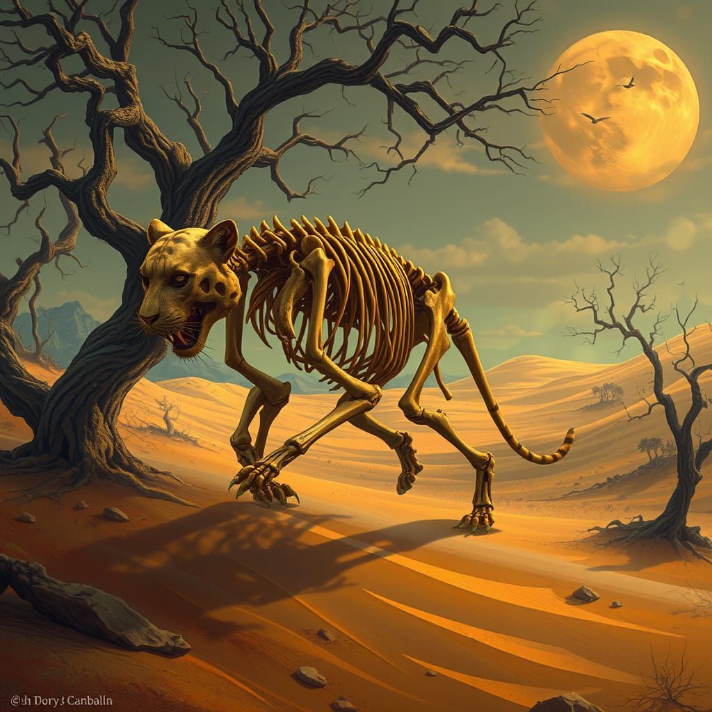 Surreal Half-Skeleton Tiger in Jungle Desert