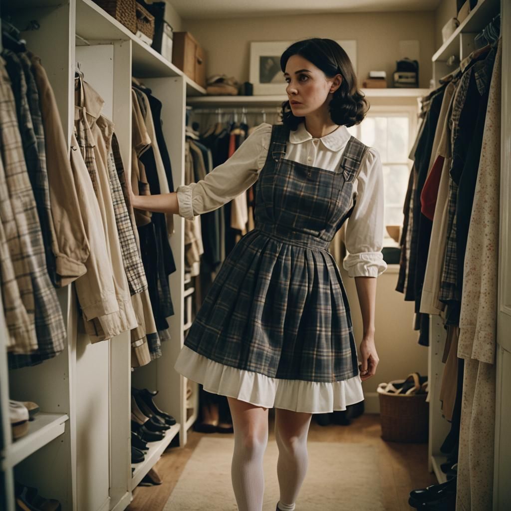 Woman in Pinafore Dress Stares into Closet