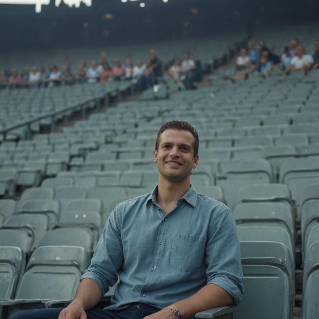Slavic Man Smiling in Stadium Seat, Hyperrealistic Digital A...
