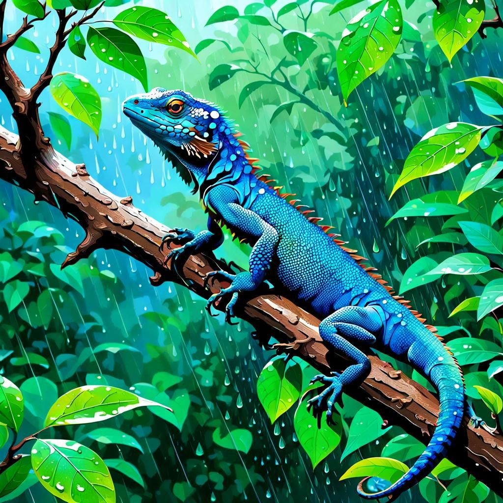 Blue Lizard on Branch in the Rain