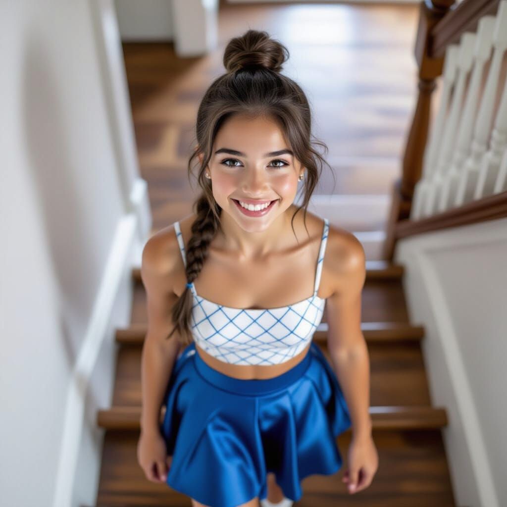 French Teenager Smiles Walking Up Stairs at Home