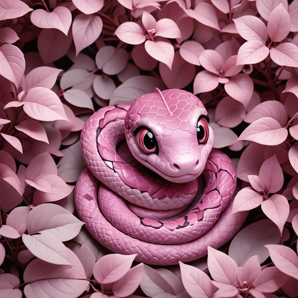 Adorable Pink Snake on Leaves in 3D Digital Art