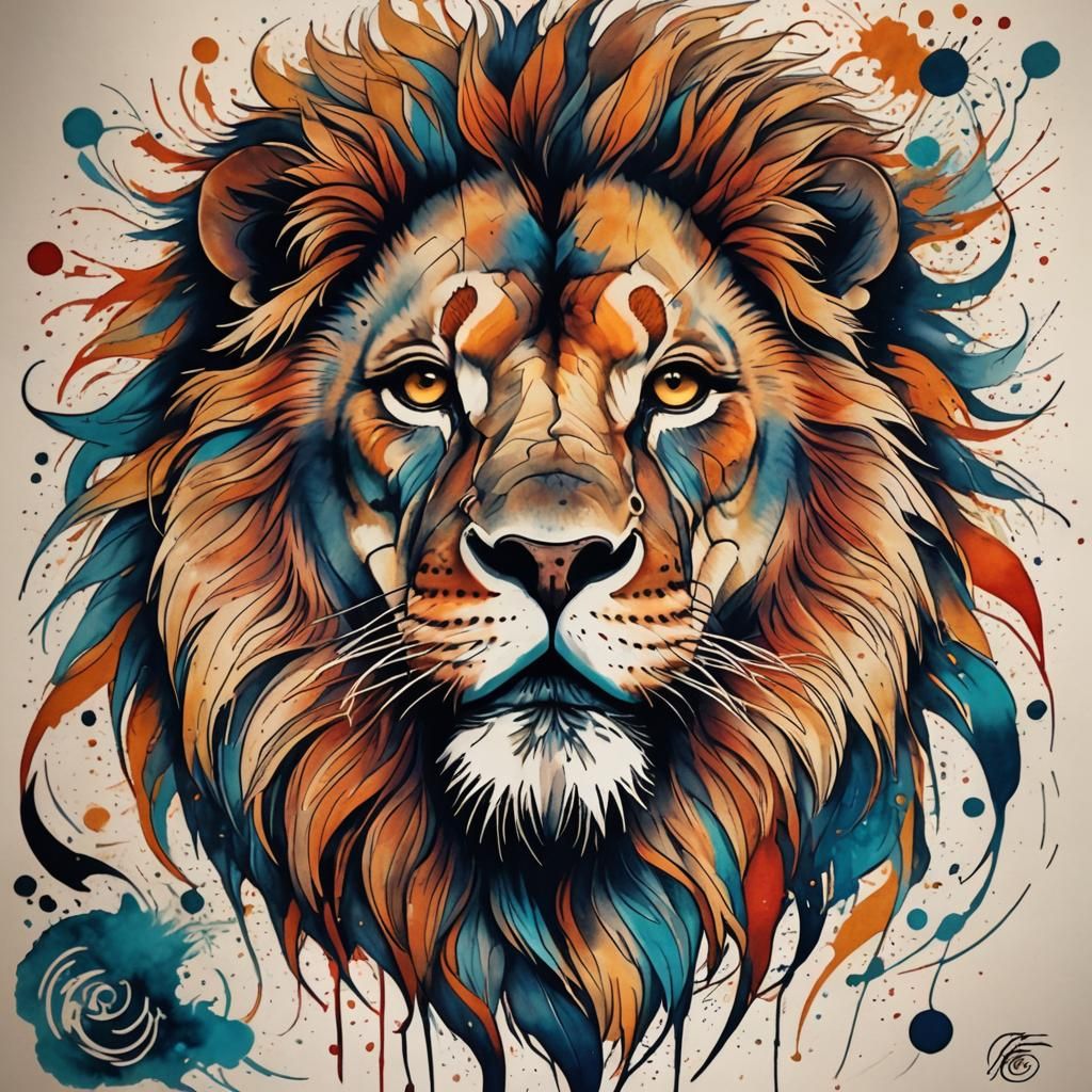 Abstract Lion Tattoo Design in Complementary Colors