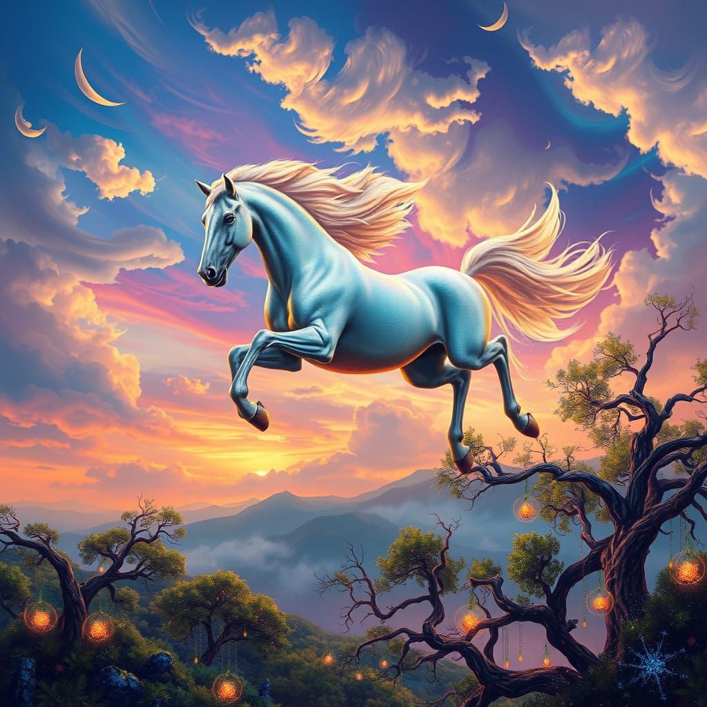 Majestic Ethereal Horse in Mid-Leap Over a Dreamlike Landsca...